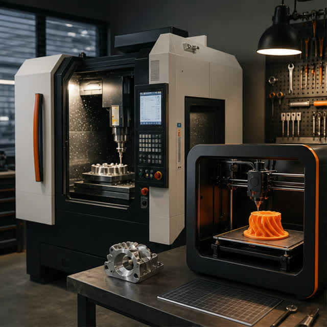 Compact CNC machining and professional 3D printing equipment in a modern workshop